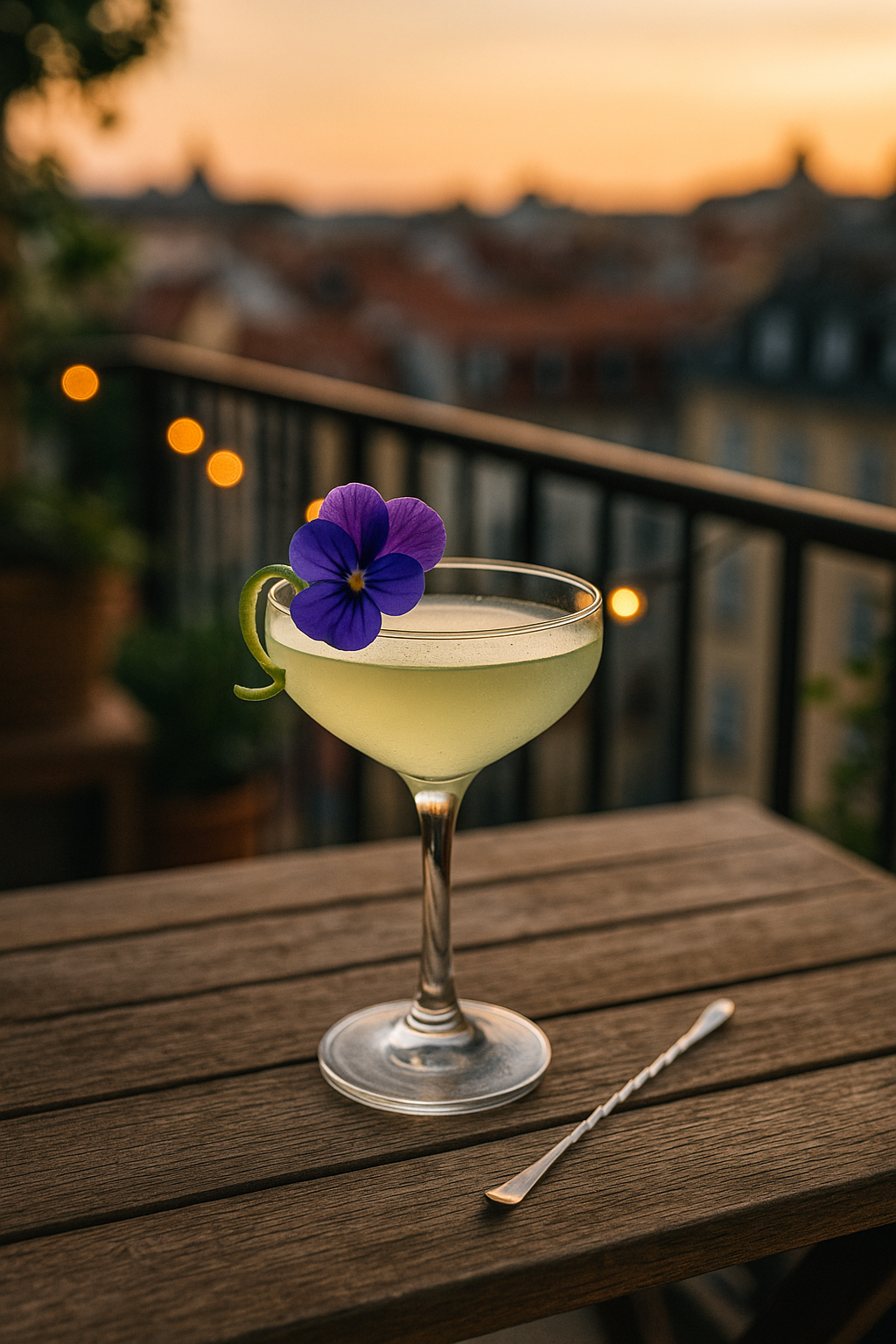 Coupette-Glas mit einem hellgrünen Rose-&-Violet Gimlet Cocktail, garniert mit einer violetten Veilchenblüte, auf einem Holztisch bei Sonnenuntergang.