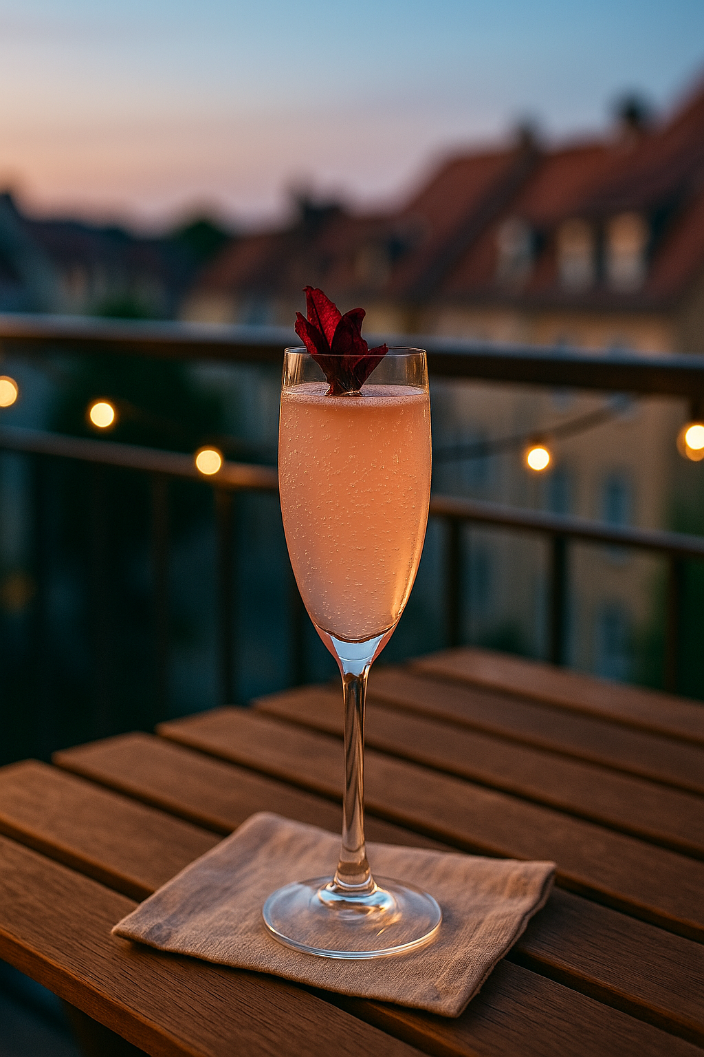 Sektglas mit einem rosa Hibiscus French 75 Cocktail, garniert mit roten Blütenblättern, auf einem Holzterrassentisch bei Dämmerung.