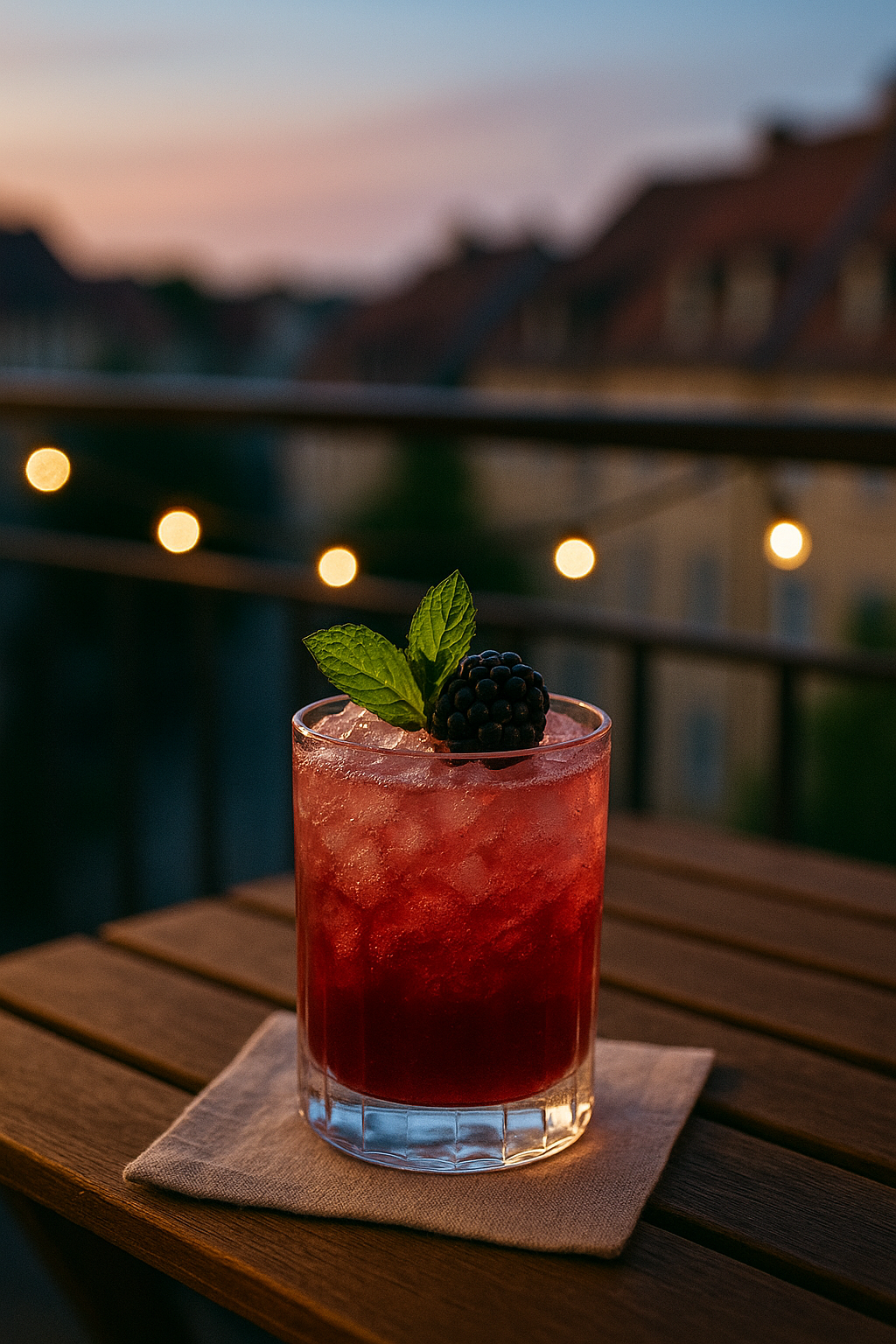Tumbler-Glas mit einem rötlichen Berry Bramble Twist und Crushed Ice, garniert mit einer Brombeere und einem Minzblatt, auf einem Holztisch bei Dämmerung.